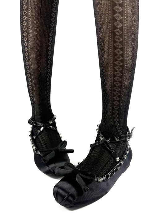 Studded Bow-Lace Satin Ballet Flats