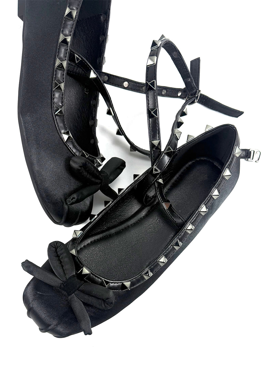 Studded Bow-Lace Satin Ballet Flats