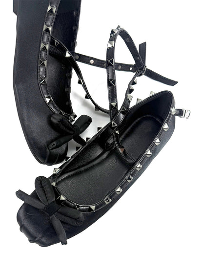 Studded Bow-Lace Satin Ballet Flats