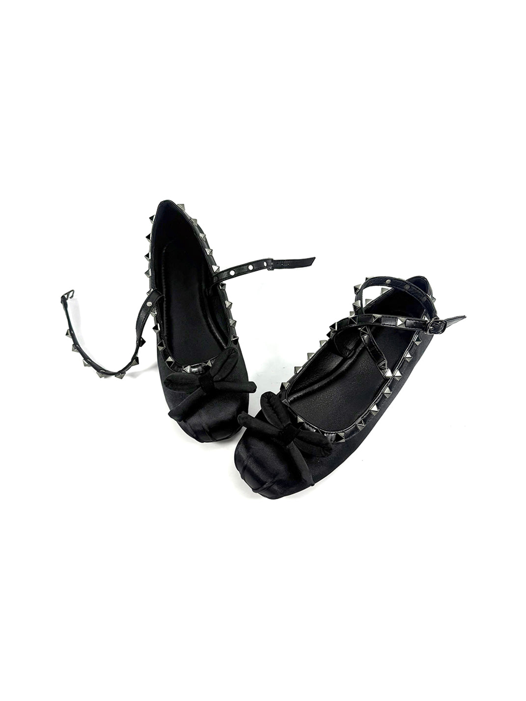 Studded Bow-Lace Satin Ballet Flats