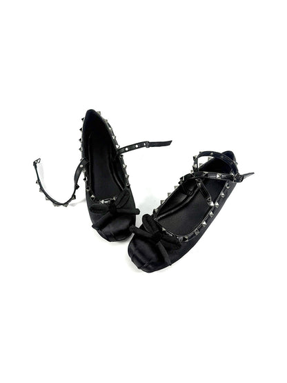 Studded Bow-Lace Satin Ballet Flats