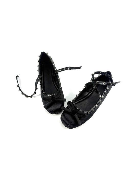 Studded Bow-Lace Satin Ballet Flats