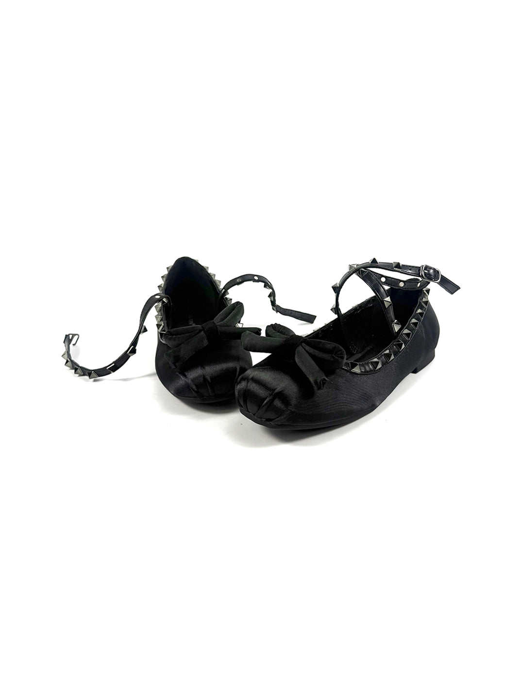 Studded Bow-Lace Satin Ballet Flats
