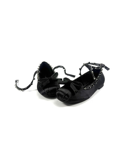 Studded Bow-Lace Satin Ballet Flats