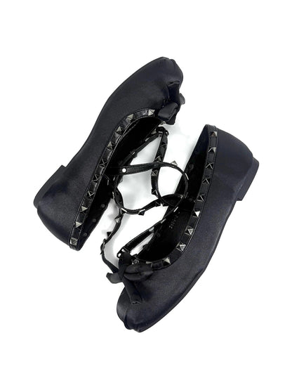 Studded Bow-Lace Satin Ballet Flats