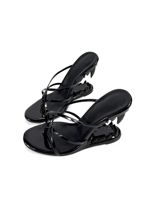 Black Sculpted-Tooth Open-Toe Mules