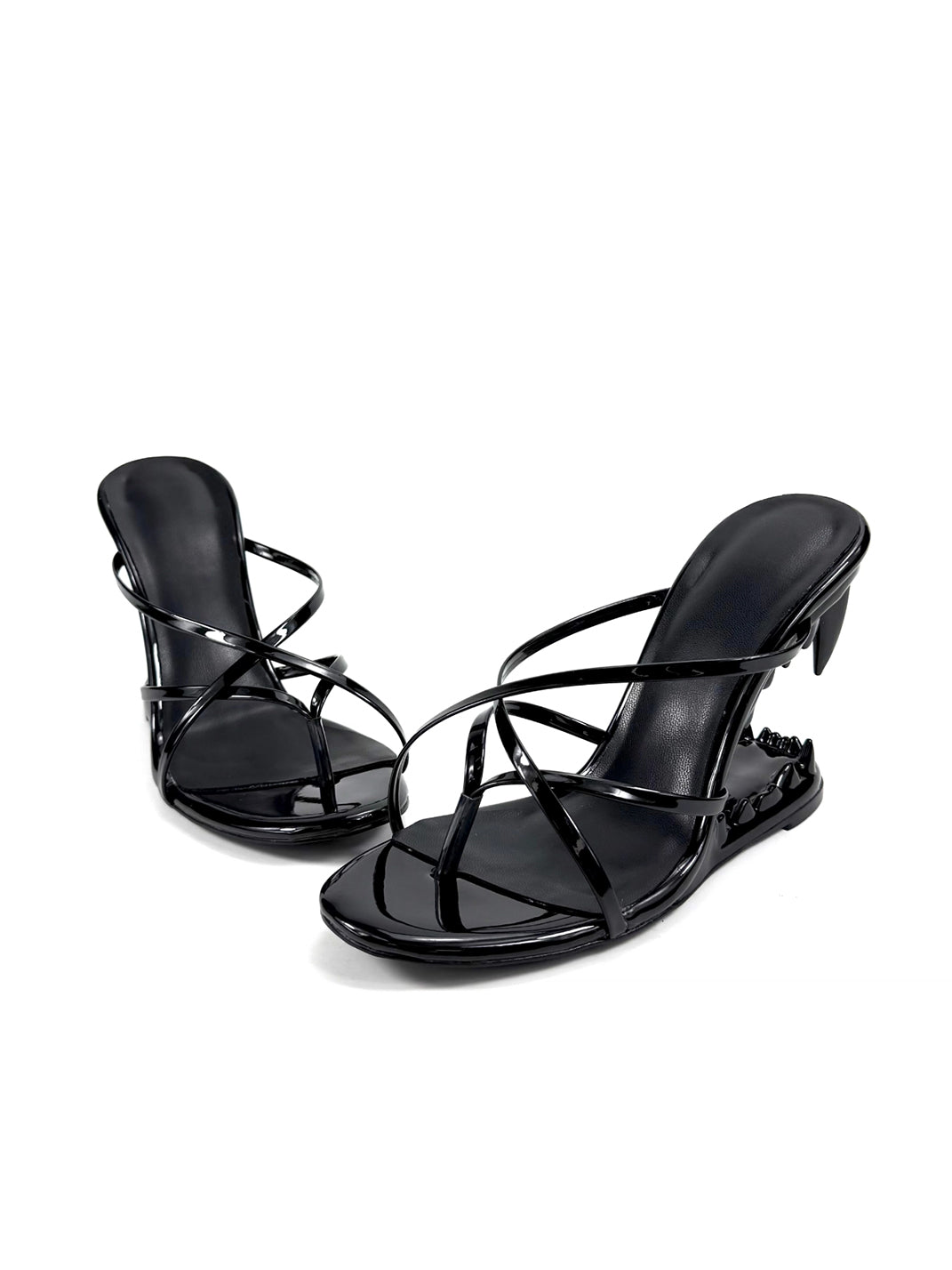Black Sculpted-Tooth Open-Toe Mules