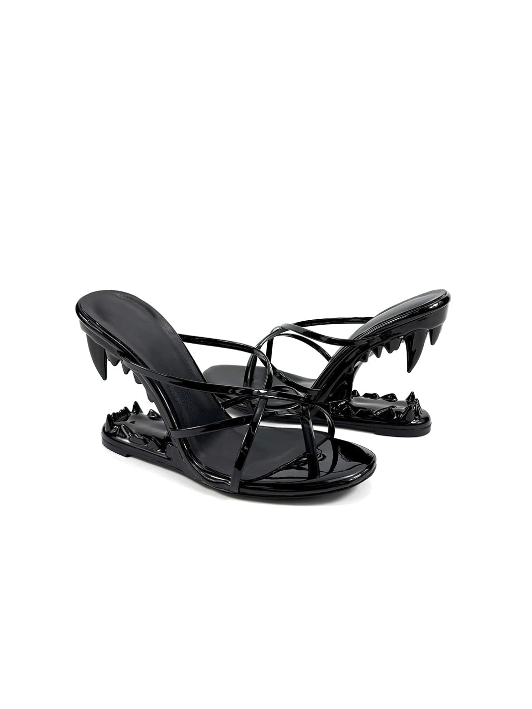 Black Sculpted-Tooth Open-Toe Mules