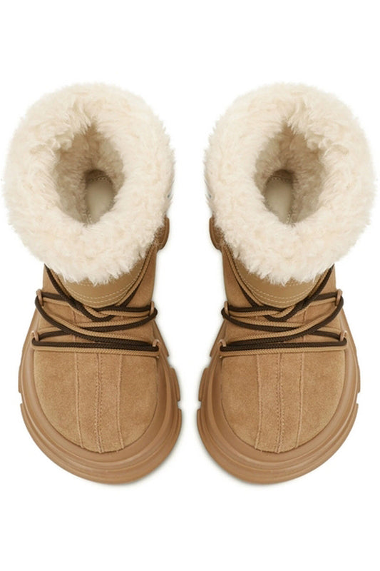 Tan Suede Winter Boot with White Faux Fur Trim