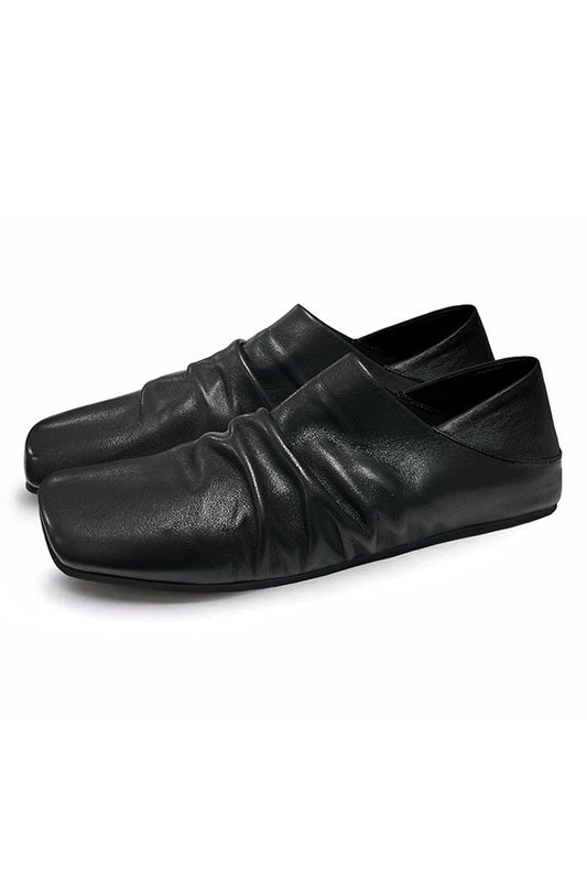 Black Ruched Leather Mules