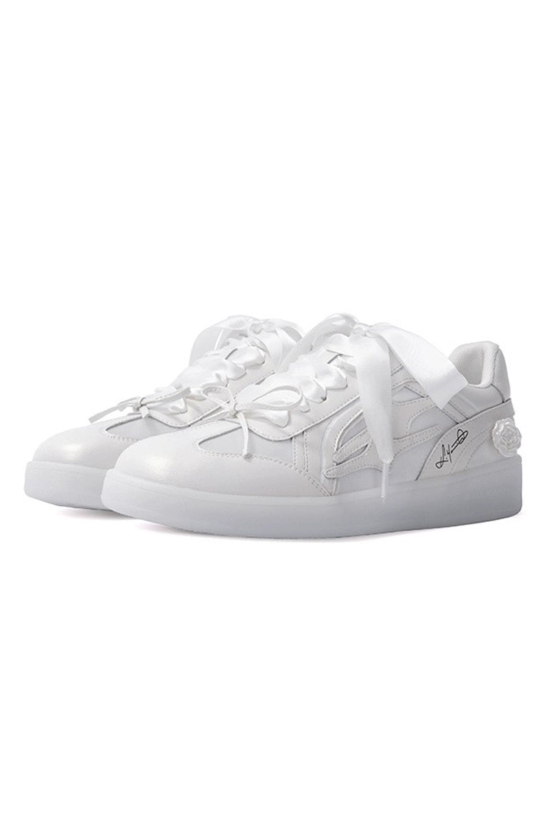 All White Low-Top Sneakers with Satin Laces