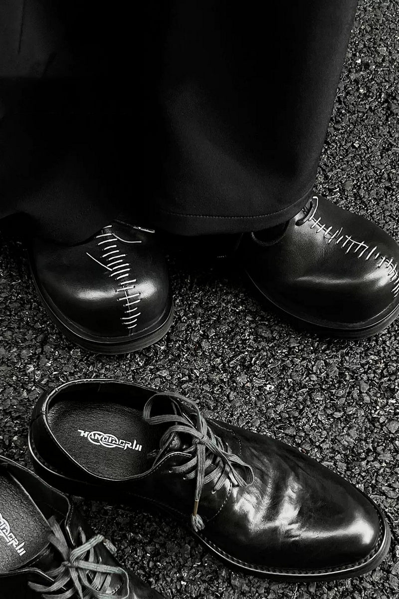 Black Leather Oxford Shoes with Stitch Detail