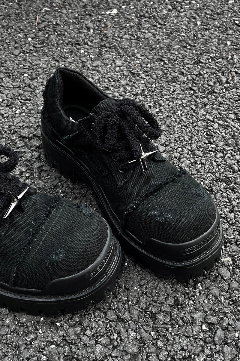 Black Distressed Canvas Platform Sneakers