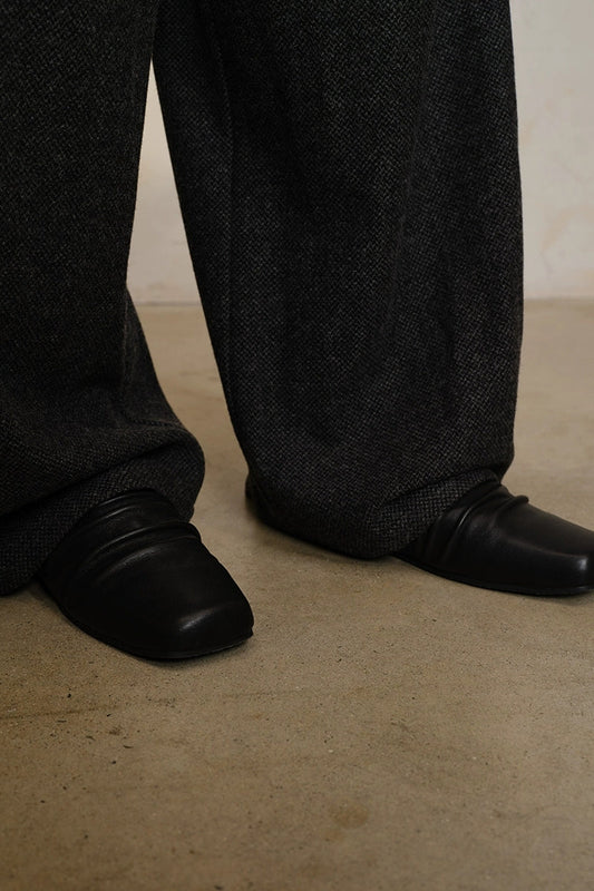 Black Ruched Leather Mules