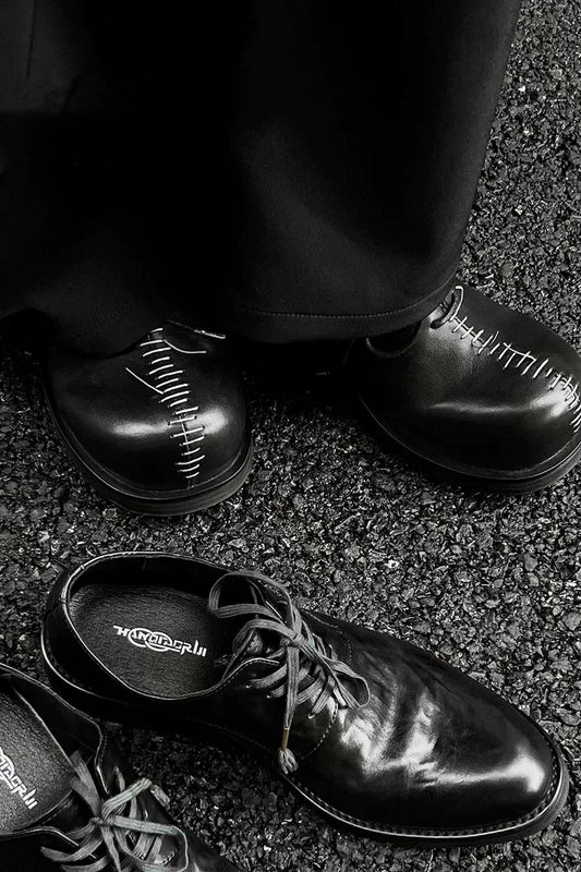 Black Leather Oxford Shoes with Stitch Detail