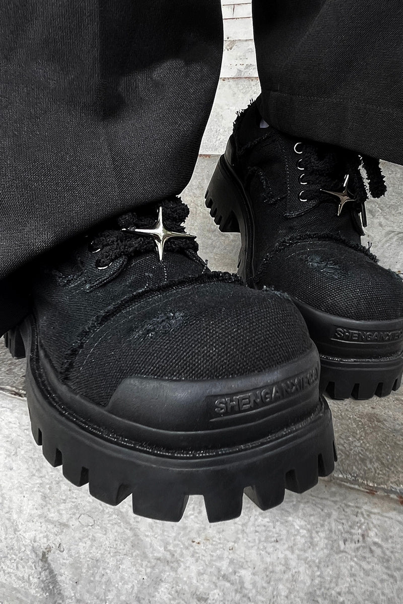 Black Distressed Canvas Platform Sneakers