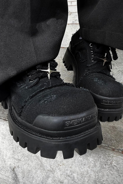 Black Distressed Canvas Platform Sneakers
