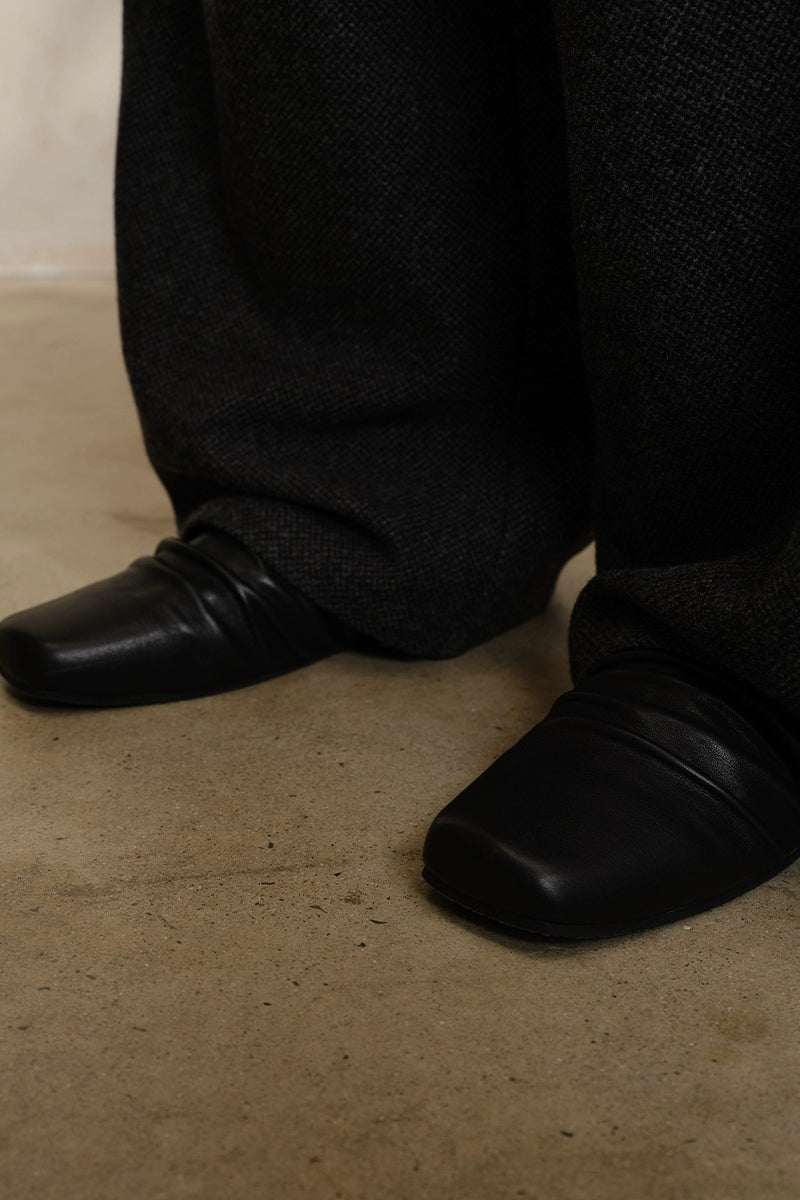Black Ruched Leather Mules