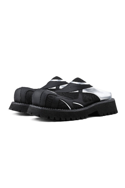 Black and Silver Mesh Platform Slip-Ons