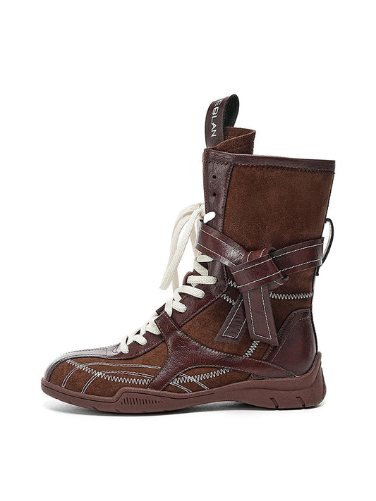 Asymmetric Foldover Lace-Up Calf Boots