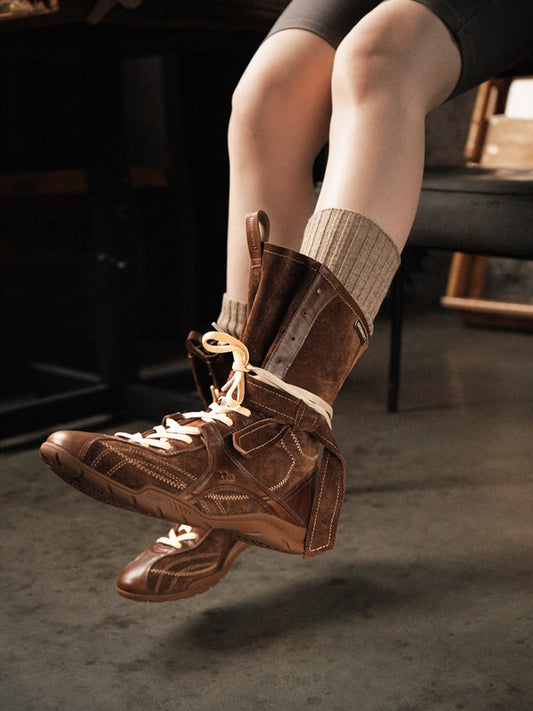 Asymmetric Foldover Lace-Up Calf Boots