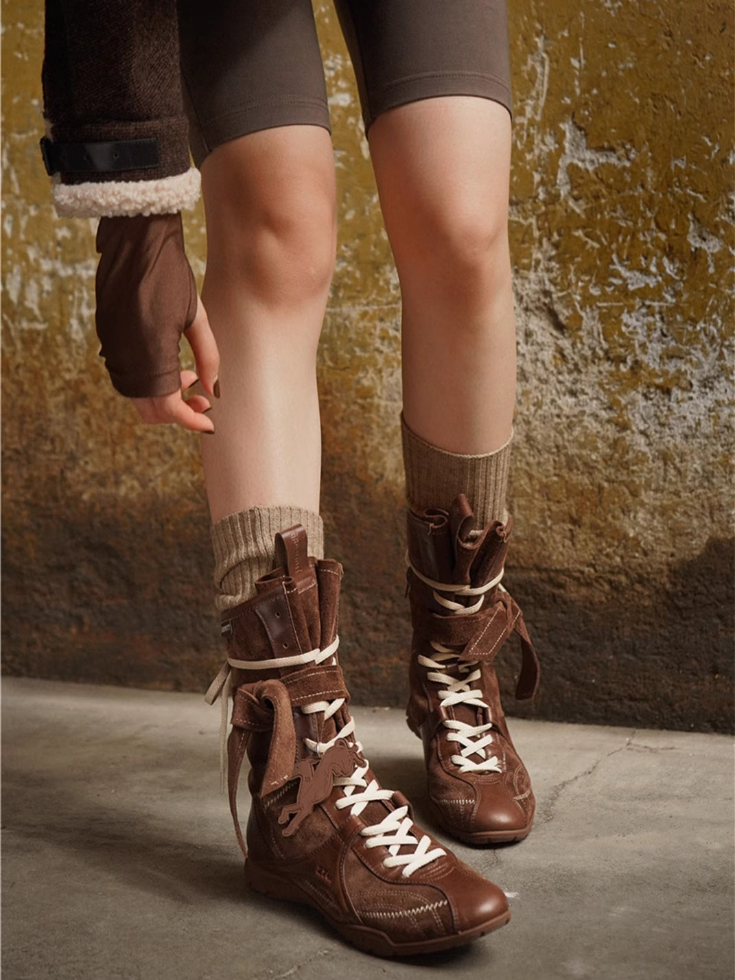 Asymmetric Foldover Lace-Up Calf Boots