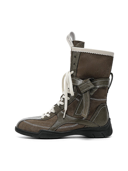 Asymmetric Foldover Lace-Up Calf Boots