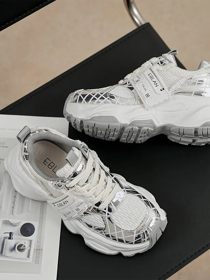 Metallic Silver Mesh Tech Runner Sneakers