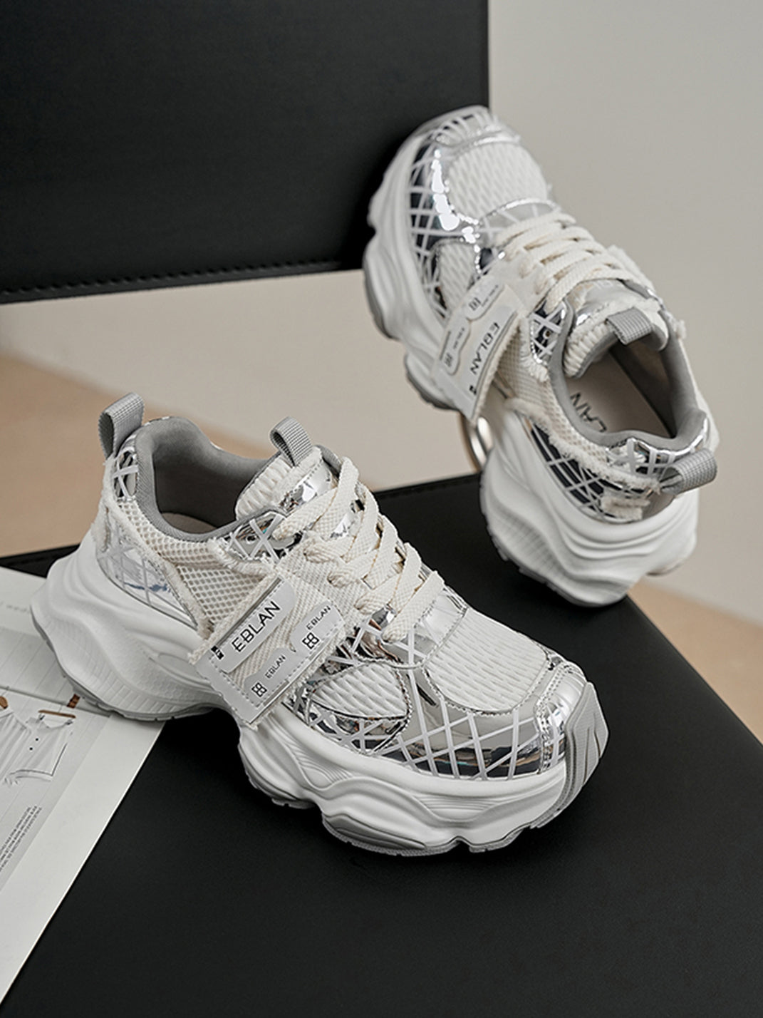 Metallic Silver Mesh Tech Runner Sneakers