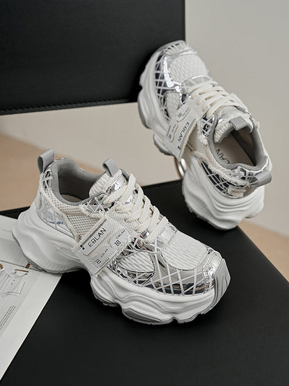 Metallic Silver Mesh Tech Runner Sneakers