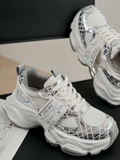 Metallic Silver Mesh Tech Runner Sneakers