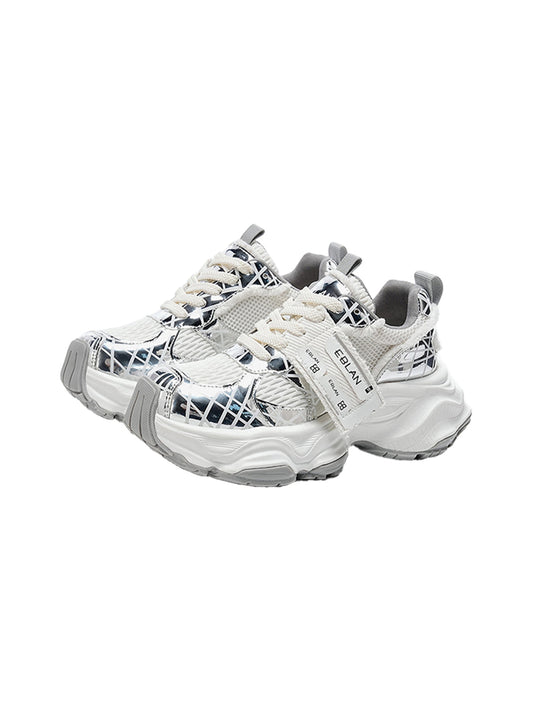 Metallic Silver Mesh Tech Runner Sneakers