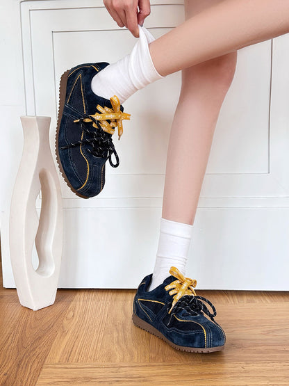 Contrast Suede Ribbon-Lace Retro Sneakers