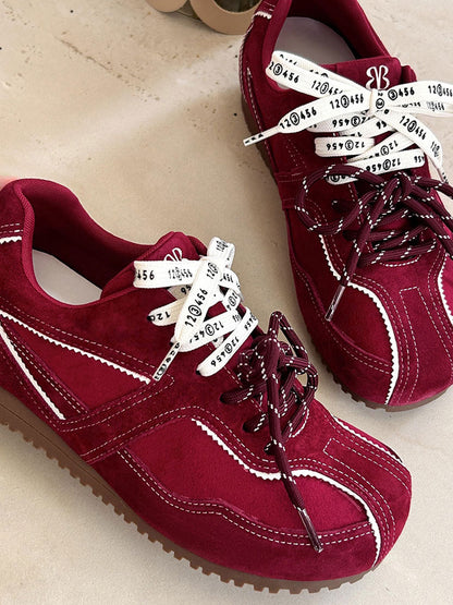 Contrast Suede Ribbon-Lace Retro Sneakers