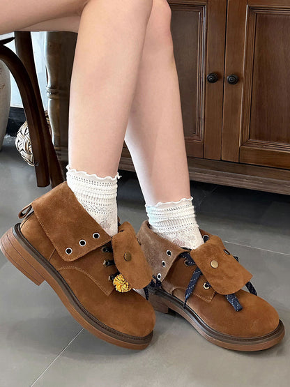 Tassel-Flap Suede Lace-Up Ankle Boots