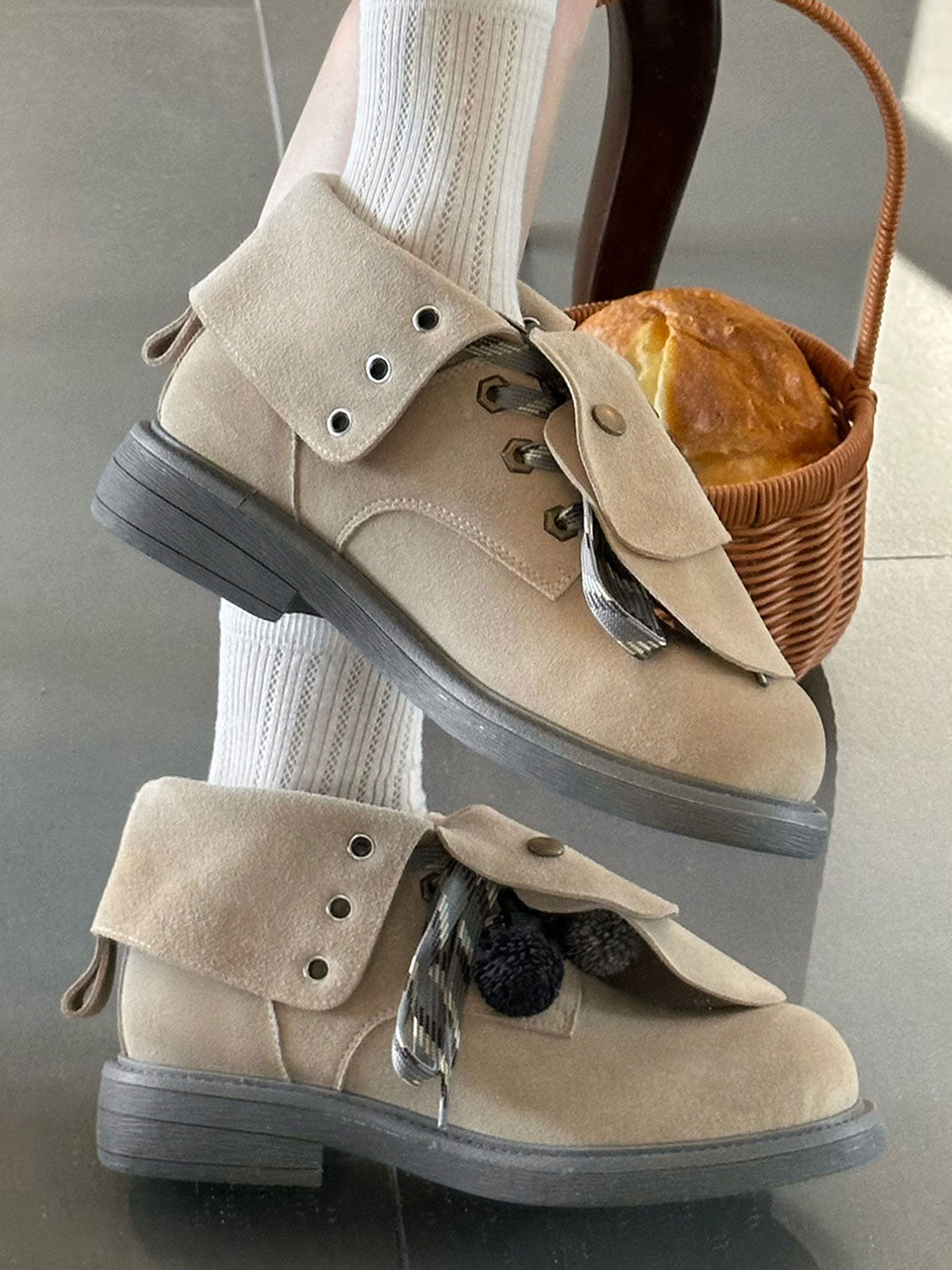 Tassel-Flap Suede Lace-Up Ankle Boots