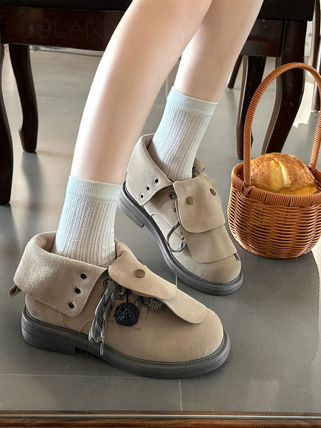 Tassel-Flap Suede Lace-Up Ankle Boots