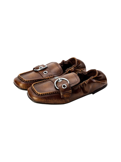 Burnished Ruched Leather Buckle Flats
