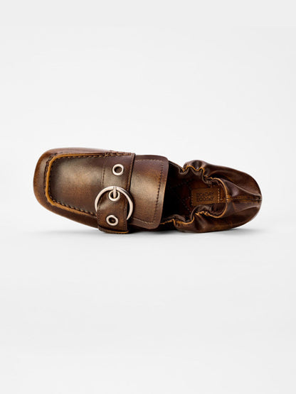 Burnished Ruched Leather Buckle Flats