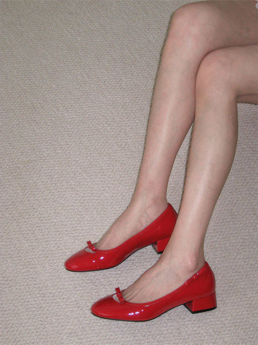 Red Leather Bow Mid-Heel Pumps