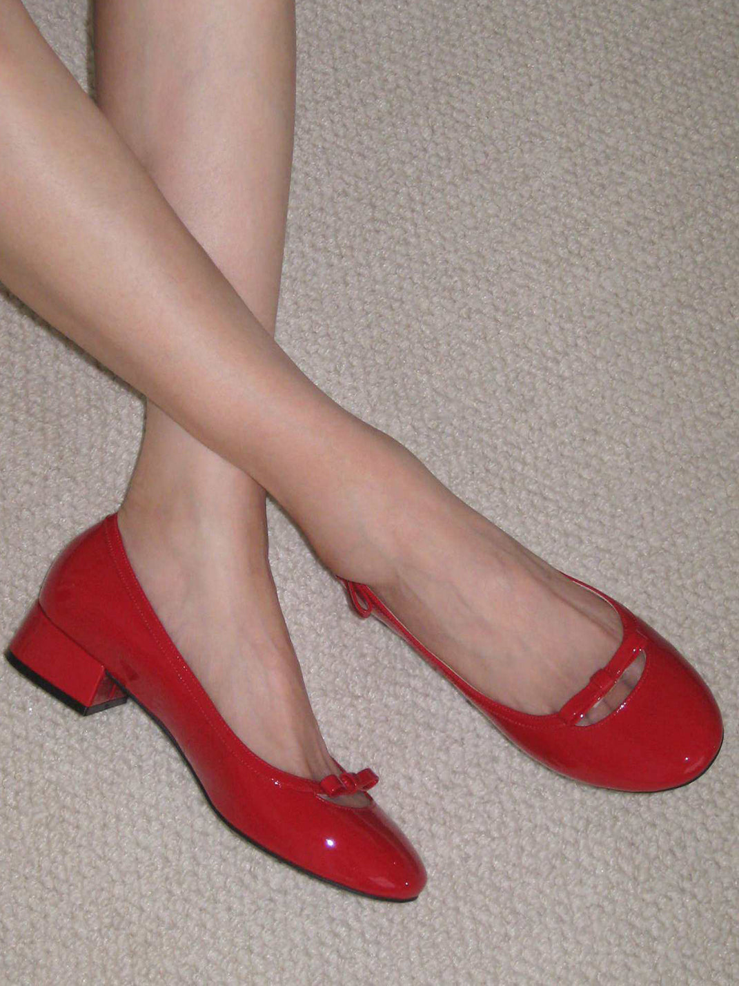 Red Leather Bow Mid-Heel Pumps