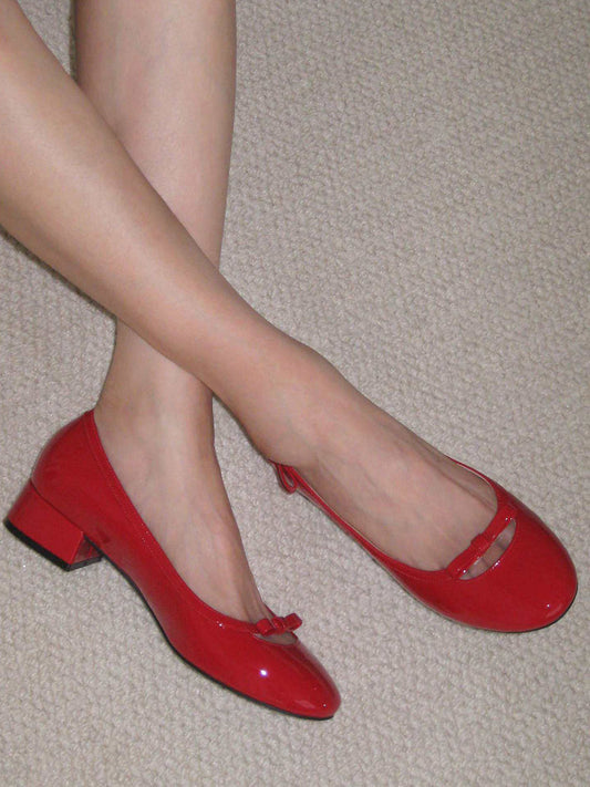 Red Leather Bow Mid-Heel Pumps