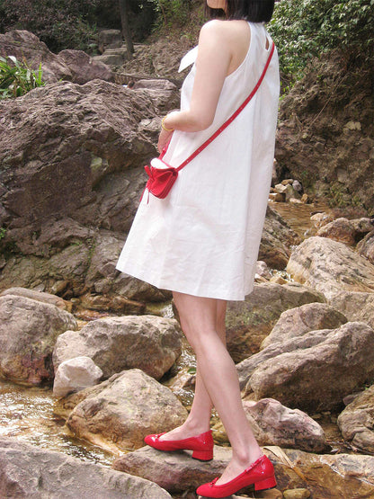 Red Leather Bow Mid-Heel Pumps
