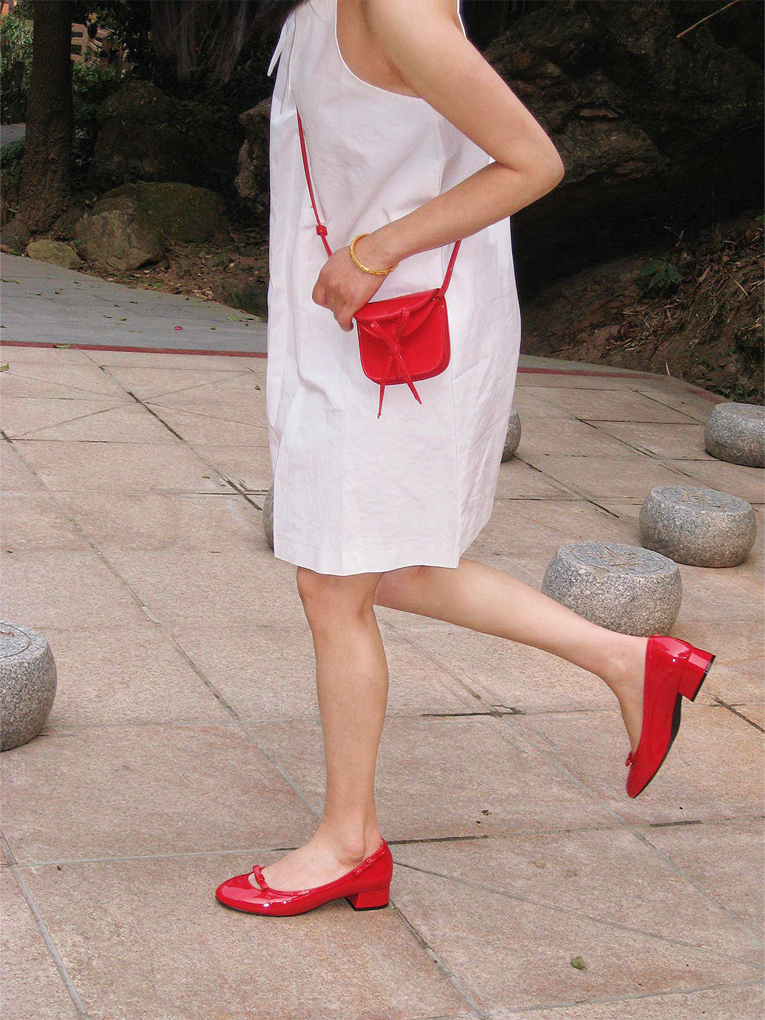 Red Leather Bow Mid-Heel Pumps