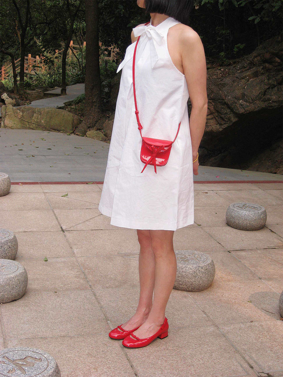 Red Leather Bow Mid-Heel Pumps