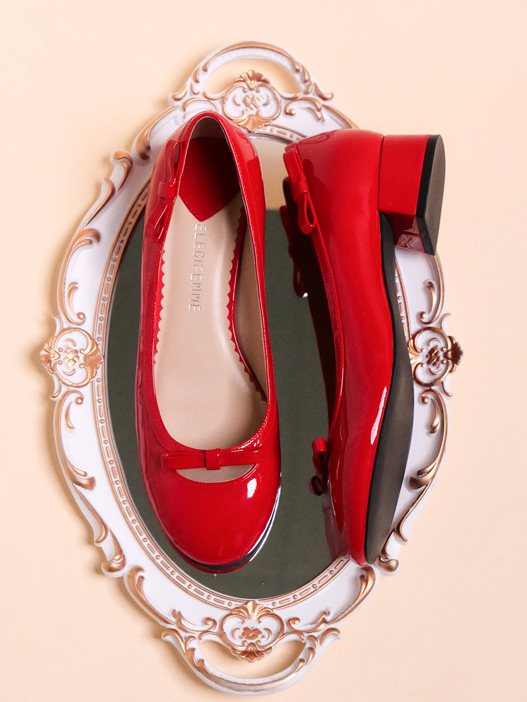 Red Leather Bow Mid-Heel Pumps