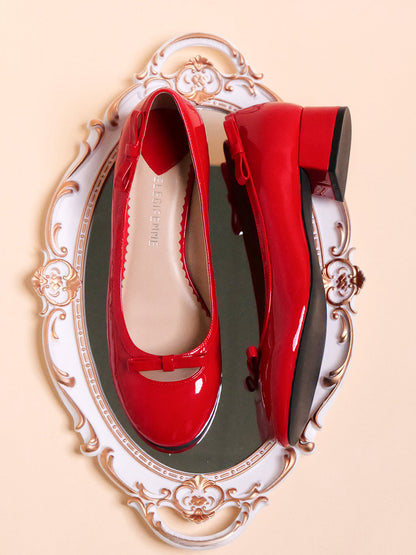 Red Leather Bow Mid-Heel Pumps