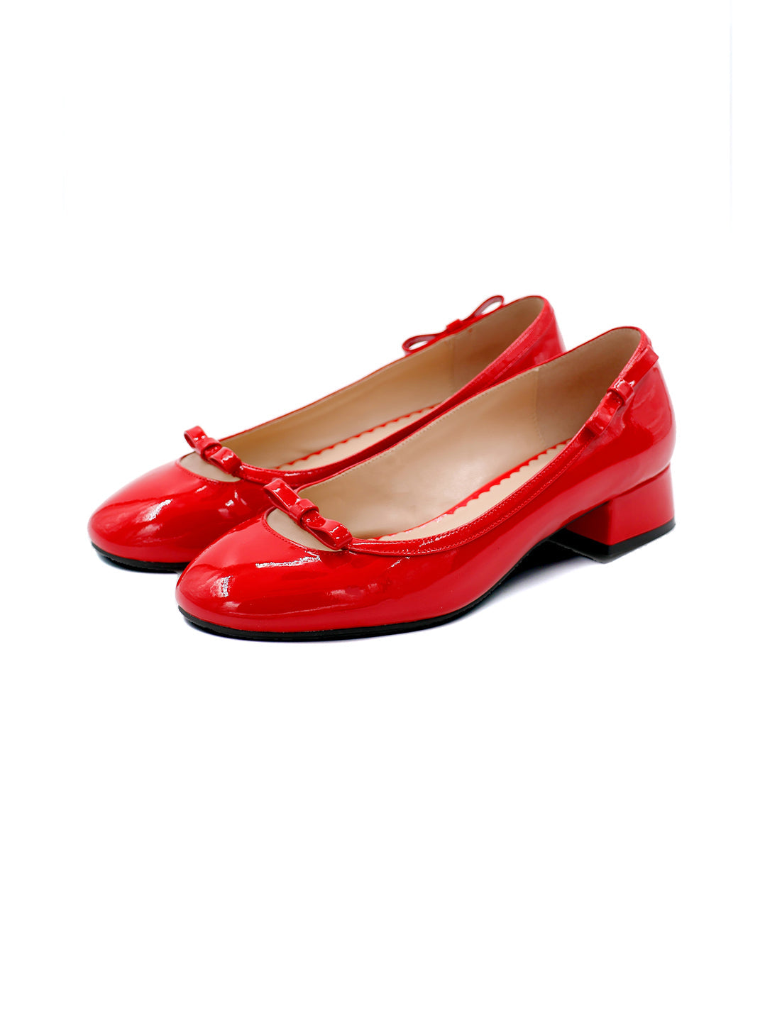 Red Leather Bow Mid-Heel Pumps