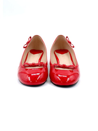 Red Leather Bow Mid-Heel Pumps