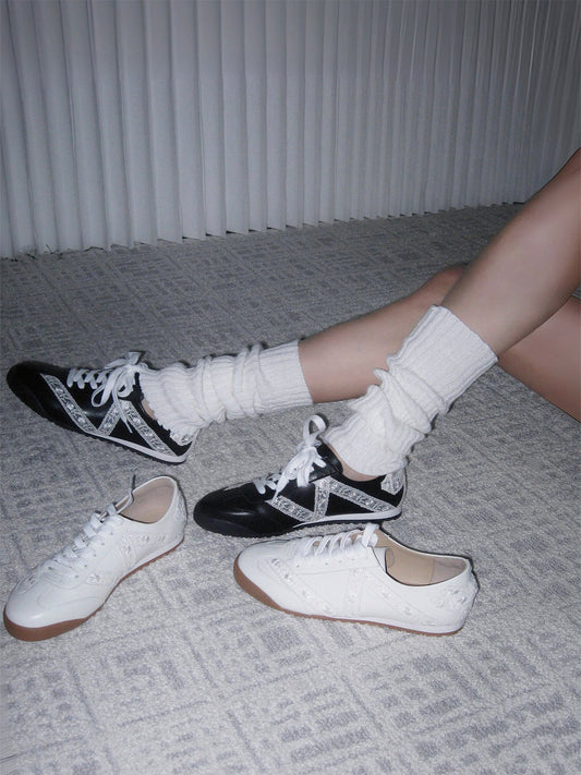 Floral-Lace Leather Low-Profile Sneakers